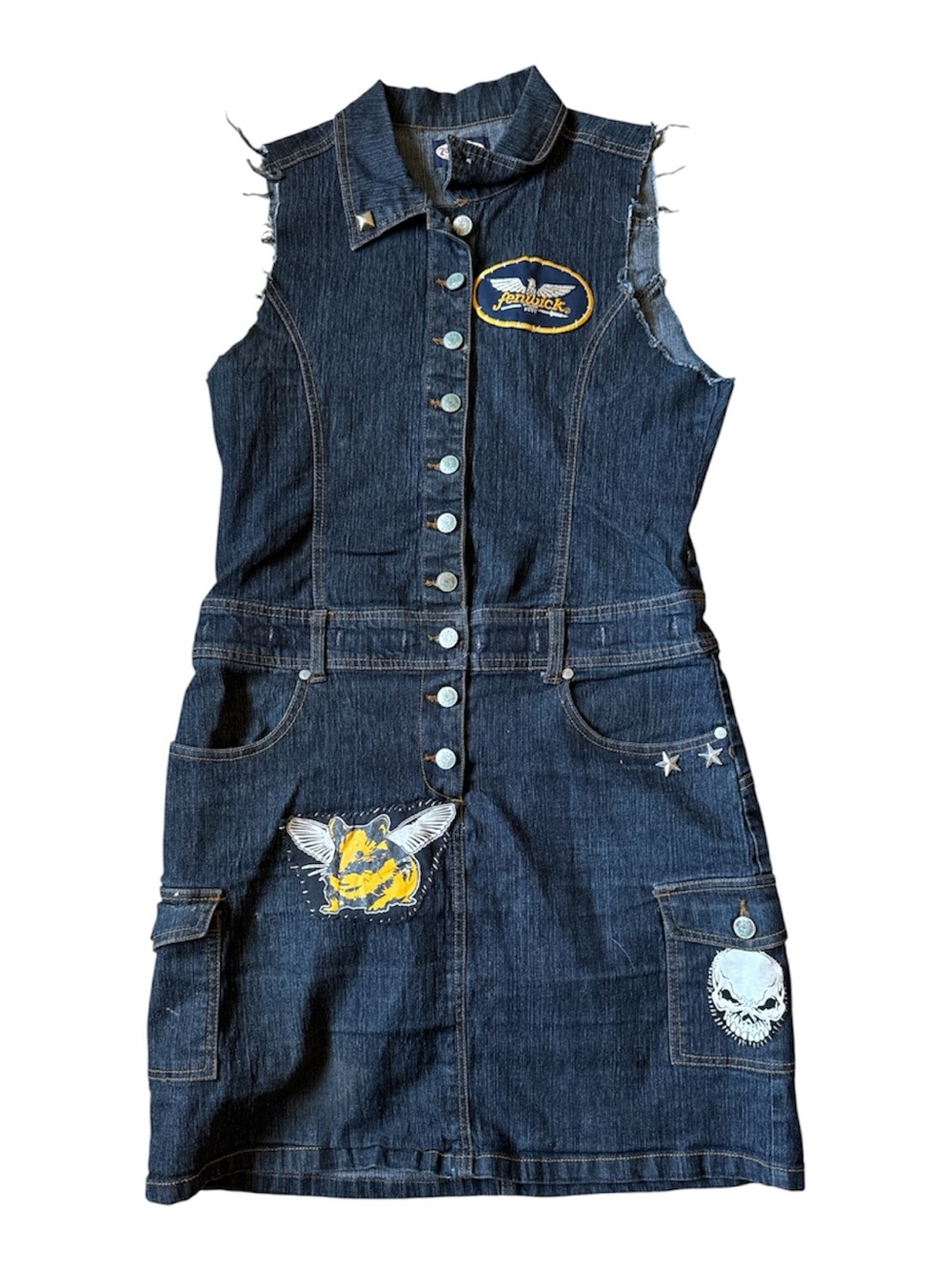 Sleeveless Dark Blue Denim Patchwork Casual Dress